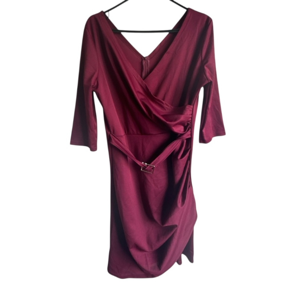 Shein Women’s Satin Ruched Midi Burgundy 3/4 Sleeve Dress Size XL